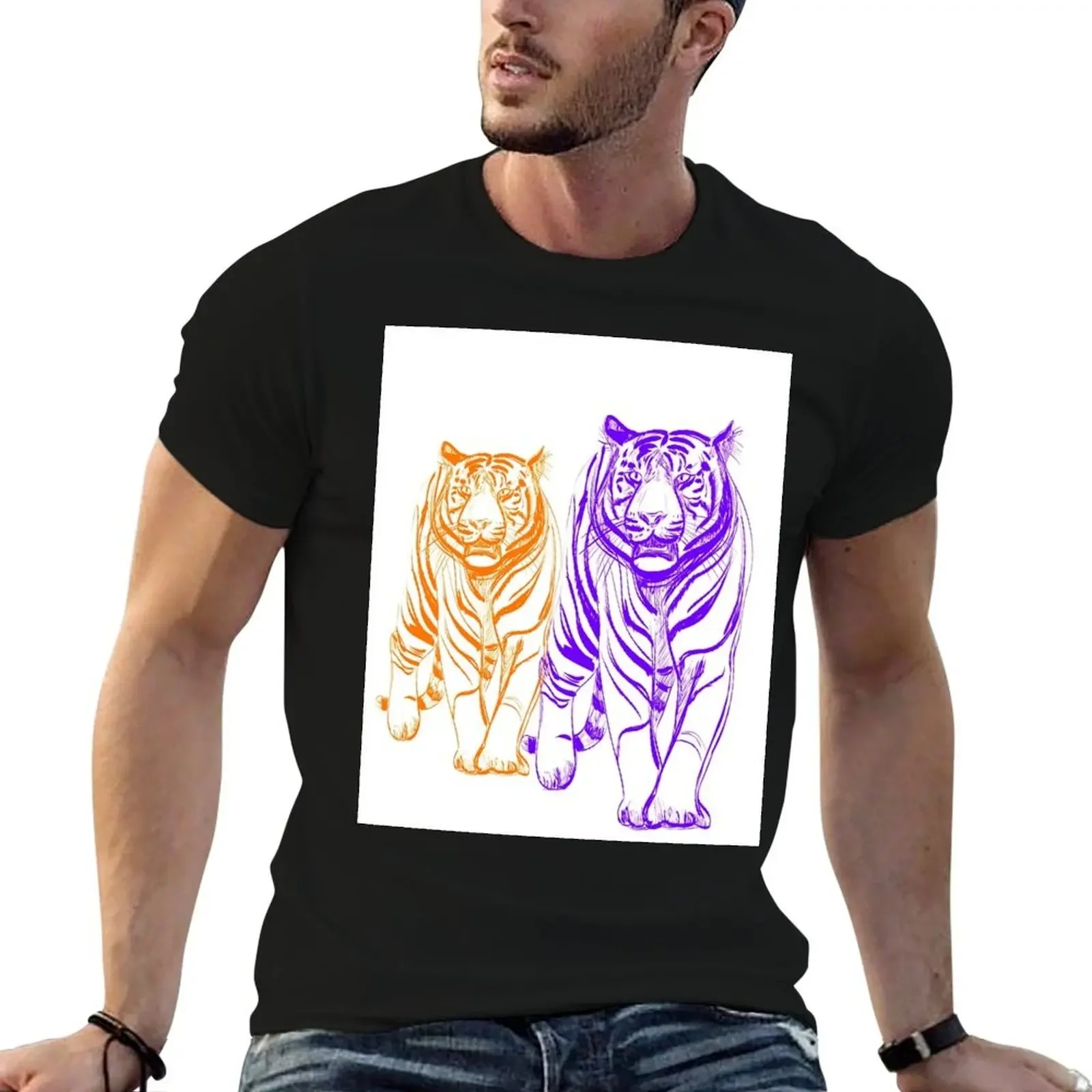 Tigers Purple and Orange T-Shirt anime stuff oversized graphics blue archive Men's clothing