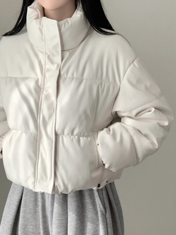 

Retro High-End White Cotton Jaet Women's Loose Versatile Small Thiened PU Leather Bread Sle Cotton Coat Trendy