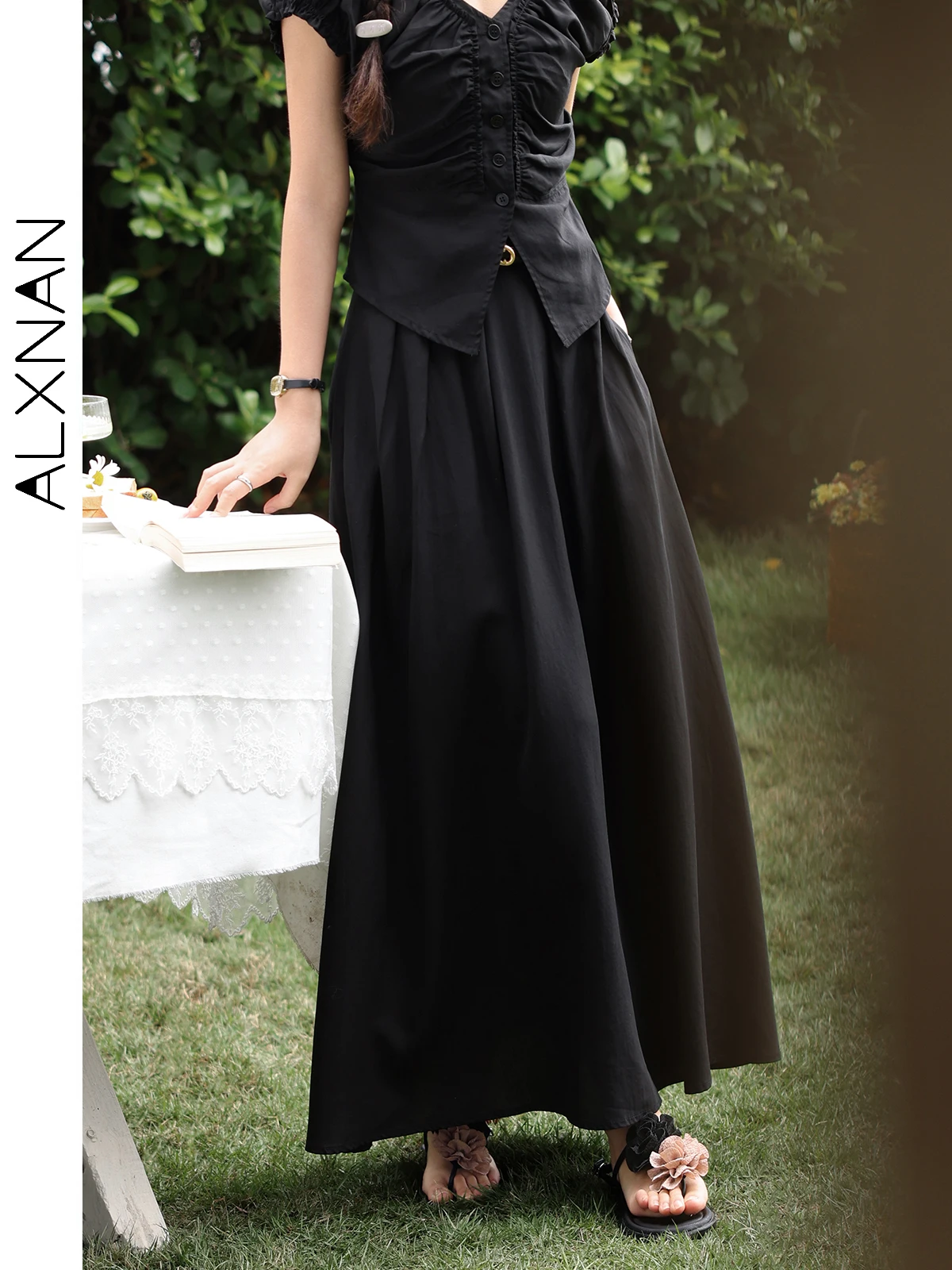 

ALXNAN Women's Black Skirts Long A-line Elegant Lyocell Skirt 2025 Summer Holiday Casual Korean Style Women's Clothing L53803BSQ