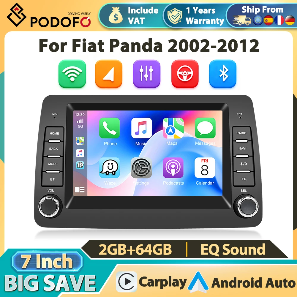 Inteligentny system samochodowy Podofo 2Din dla Fiata Pandy (2002-2012) Carplay Car Audio Android Auto GPS Mirror Link WIFI+4G BT FM/RDS