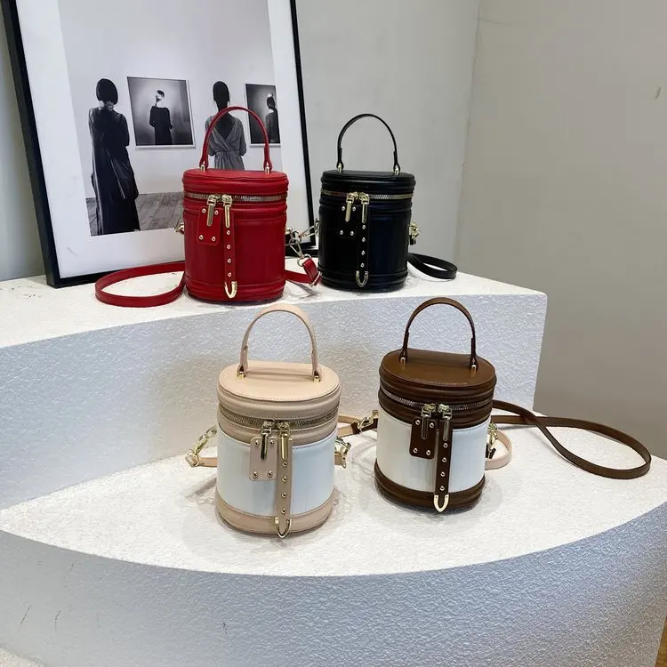 Fashion Splicing Cylinder Handbag Women Vintage Color Block Vertical Bucket Mini Bag Daily Travel Shoulder Crossbody Purse