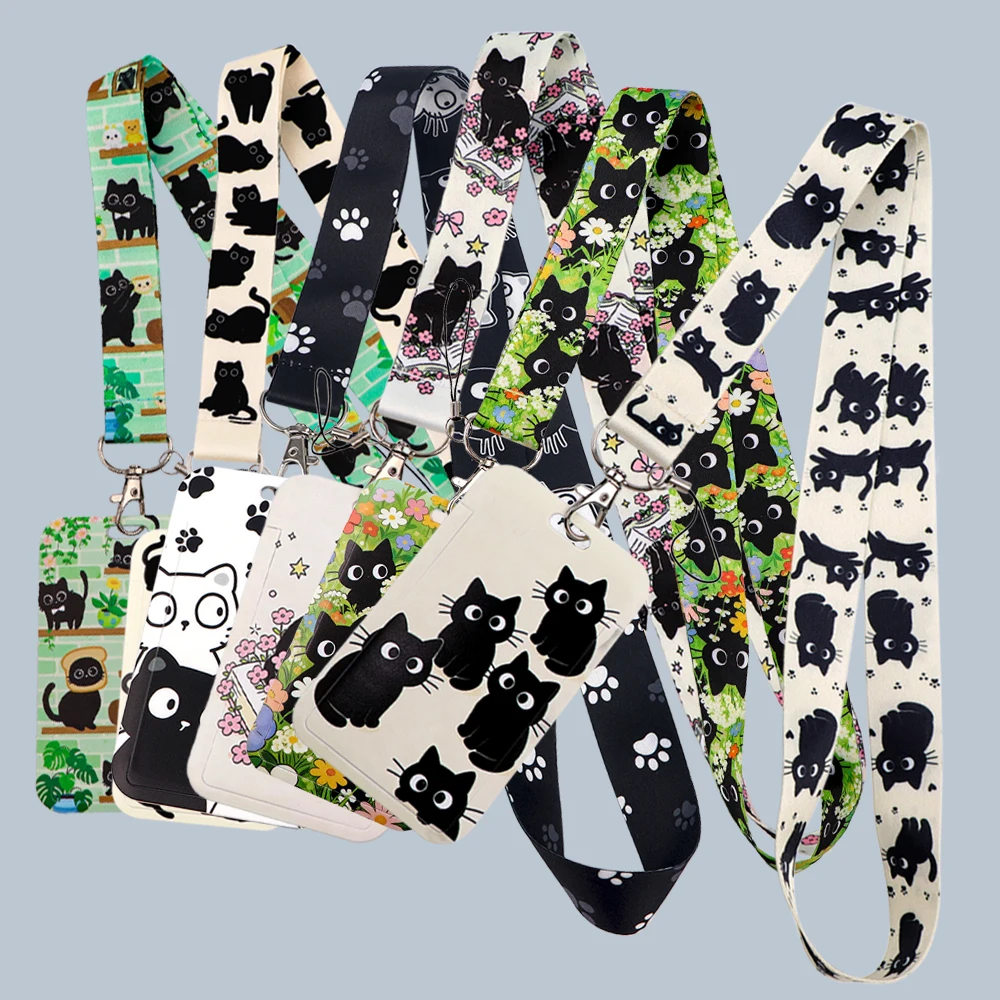 Kawaii Black Cat Print Lanyard Card Holder Floral Neck Strap ID Badge Cover Cute Pet Card Case for Office Staff Backpack Decor