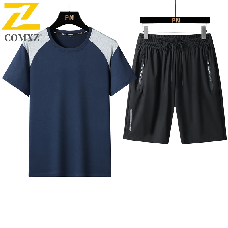 

2025 Casual Sportswear Male Tennis Sport Ice Silk Crewneck T-Shirt + Shorts Jogger 2 Piece Set Summer Outdoor Fitness Men's suit