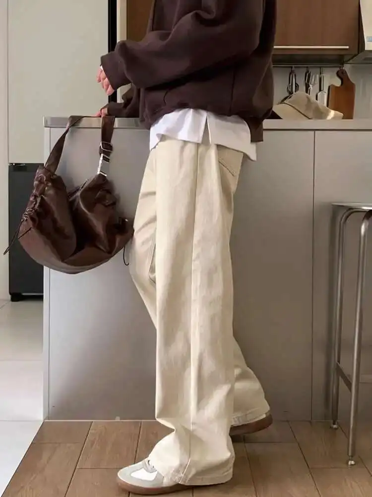 2025 ฤดูใบไม้ร่วงกางเกงยีนส์ผู้ชายกางเกงเกาหลีสไตล์วินเทจสีทึบชายหลวมตรงขากว้าง Draped Cargo กางเกง