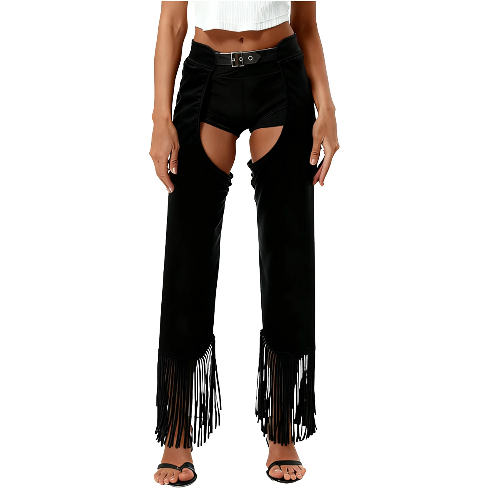 

Women Stylish Cowgirl Cowboy Hippies Role Play Chaps Pants Split Fringe Suede Pants for Halloween Dance Accessory Cosplay Pants