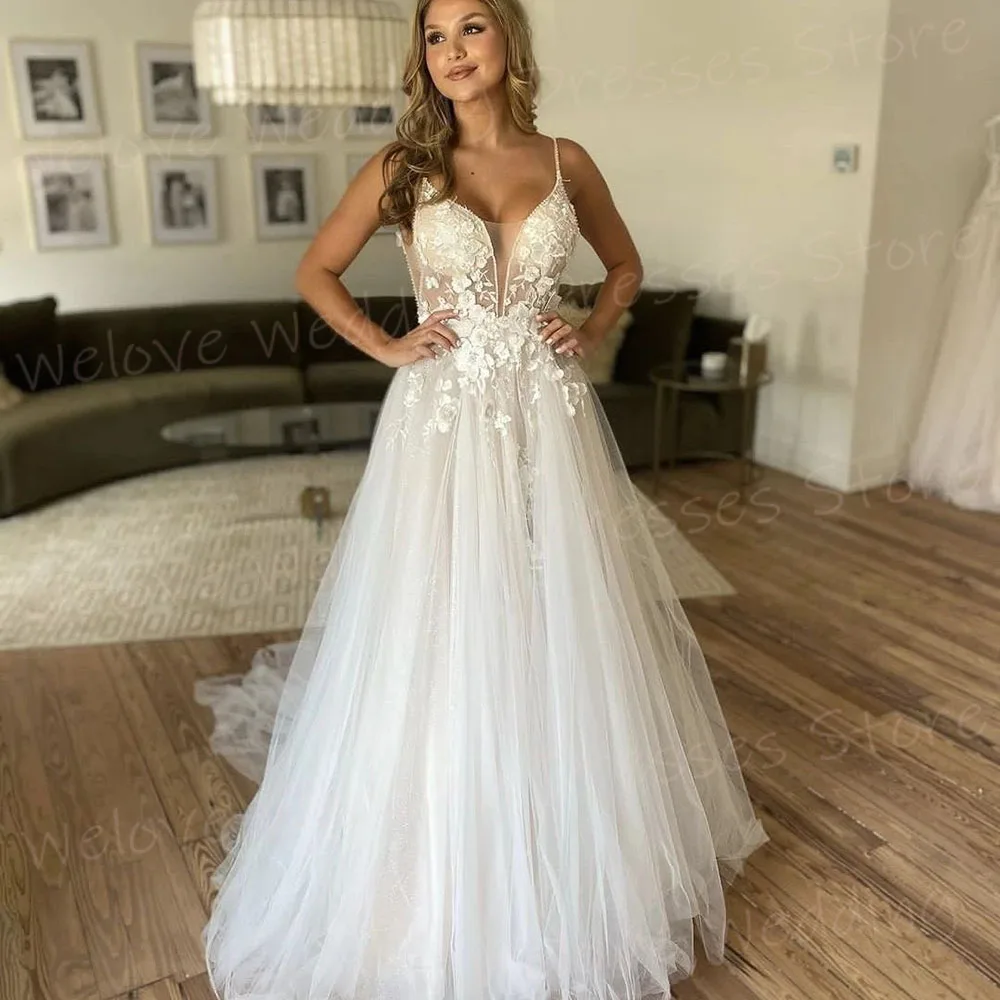 Vestidos de casamento requintados para mulheres, lindos apliques de renda, vestidos de noiva, cintas, sem mangas, Boda