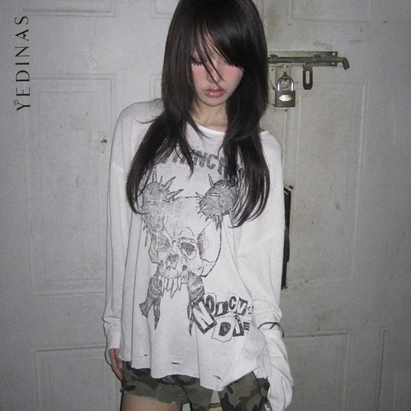 

Yedinas Goth Graphic T Shirts Long Sleeve Loose Halloween Print 2000s Clothes Y2k Spring Autumn Tops Tees Female Clothing Tshirt