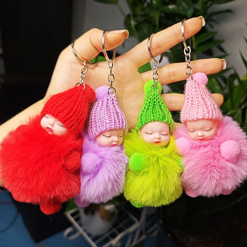 Colorful Fluffy Ball Keychains Pompom Sleeping Baby Key Ring Key Hanging Holder Accessories For Women Men Fashion Jewelry Gift