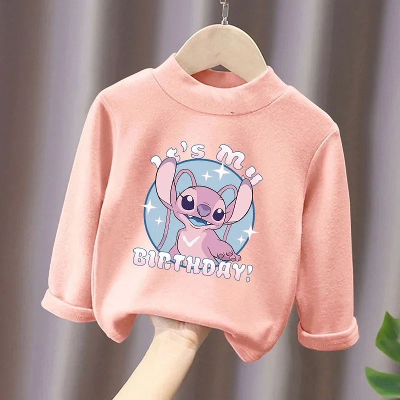 Disney Stitch T Shirt Long Sleeve for Kids Cartoon Happy Birthday High Neck Tops Warm Winter Boy Girls Clothes Christma Gifts