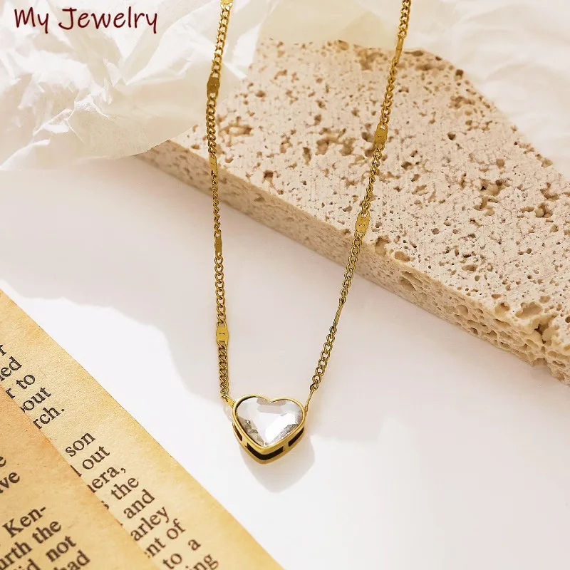 

Водонепроницаемая нержавеющая сталь 18 К позолоченная чистая белая подвеска в форме сердца с фианитом, ожерелье, ювелирные изделия для женщин
