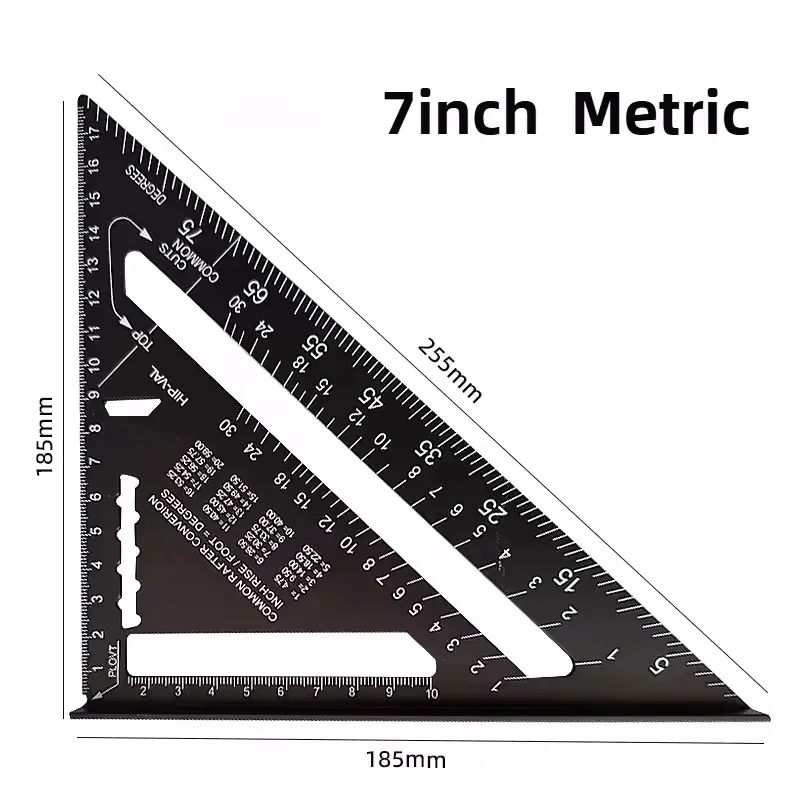 Aluminium Alloy 7/12'' Square Metric Triangle Ruler Made of Aluminium 90 Degree Thin Style Triangle Protractor