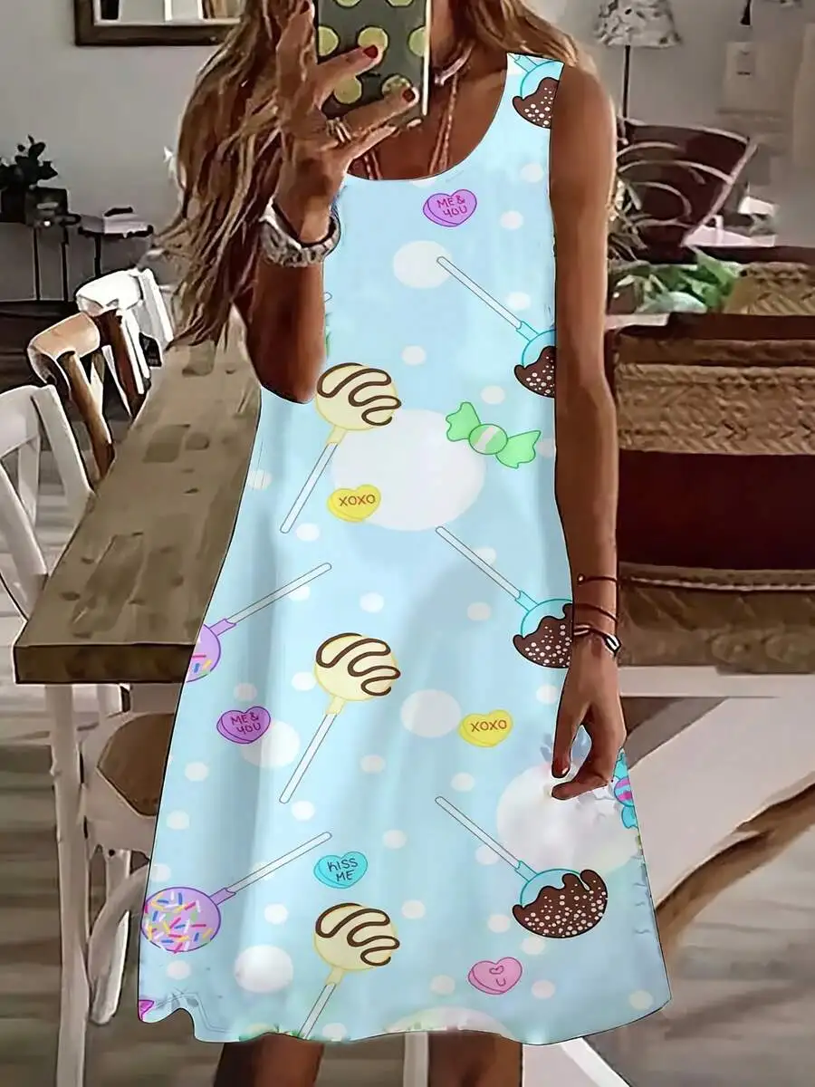 

Women Sleeveless Dress Candy Lollipop Print Sweet Treats Pattern Valentines Day