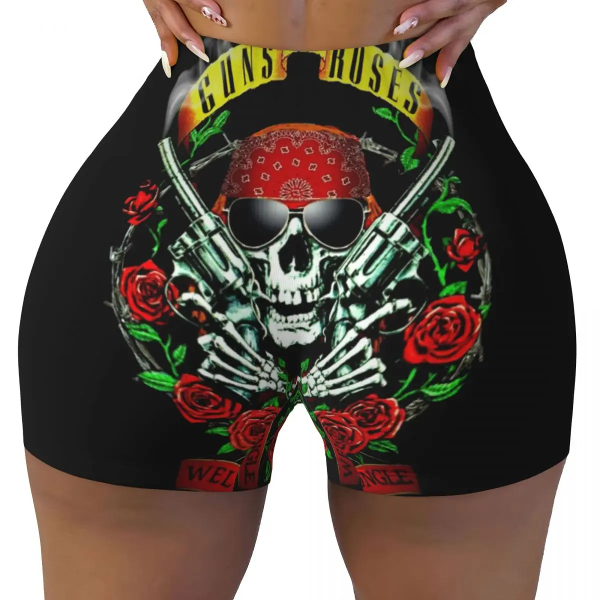 Custom Guns N Rose Skull Heads Band Volleyball Biker Workout Shorts Women's Gym Athletic Yoga Shorts