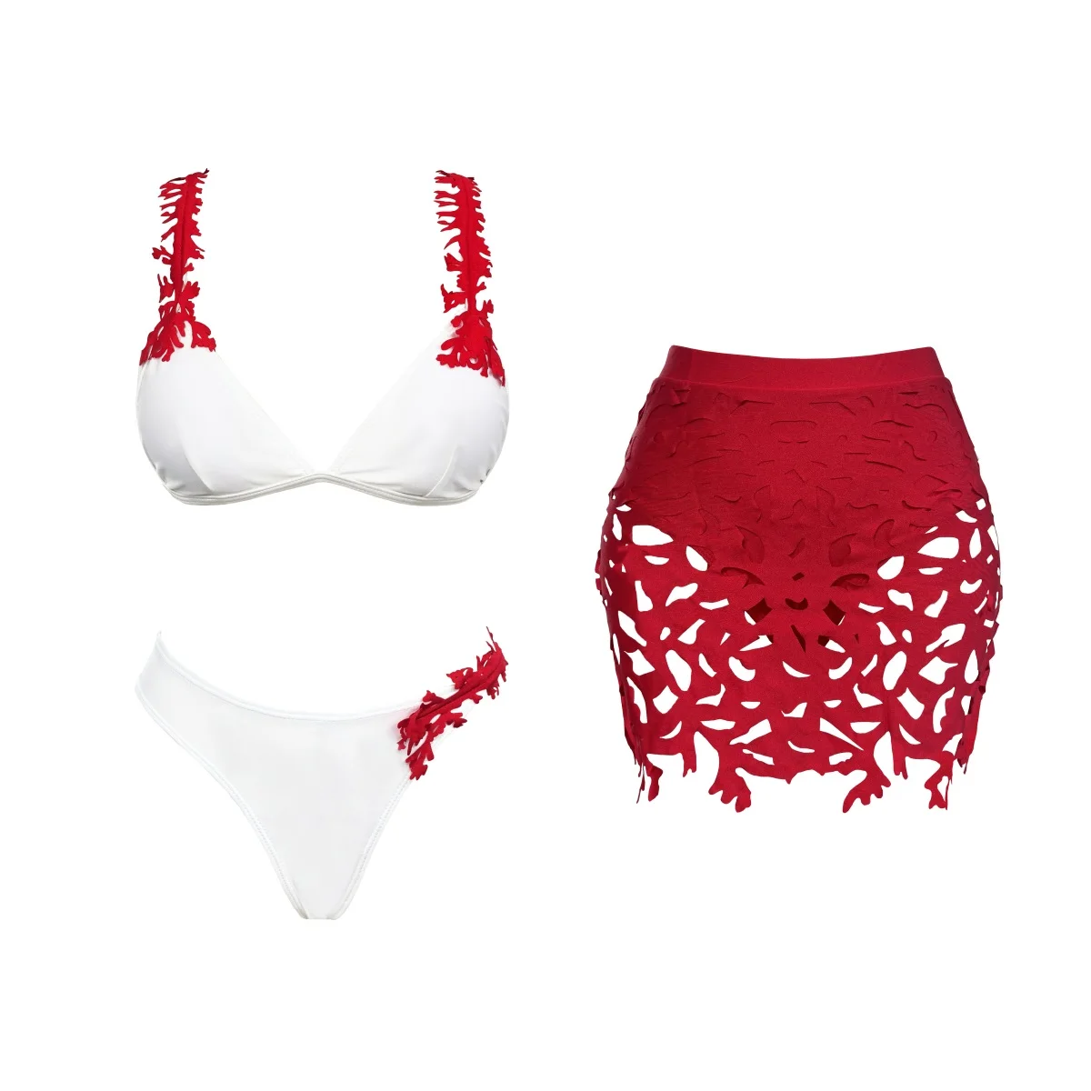 3Pcs Laser Cut Bikini Sexy Women Swimsuit Push Up Swimwear Bandeau Biquini Female Mini Skirt Hollow Bathing Suit Beach Outfit