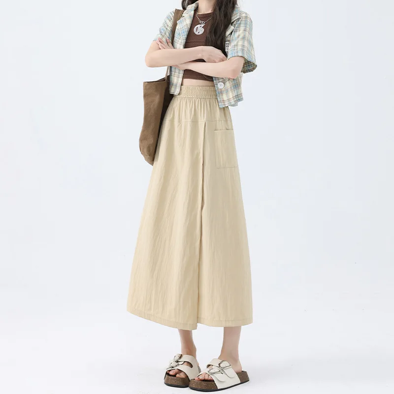 الأدوات الأمريكية كولوتيس المرأة الصيف رقيقة 2025 جديد عالية الخصر ورقيقة على شكل حرف A تنورة عادية واسعة الساق السراويل