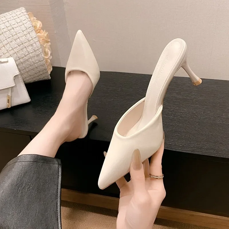 2024 New Comfortable Thin Heel High Heels Women\'s Summer Pointed Shallow Mouth Slippers Fashion and Elegant Dress Shoes