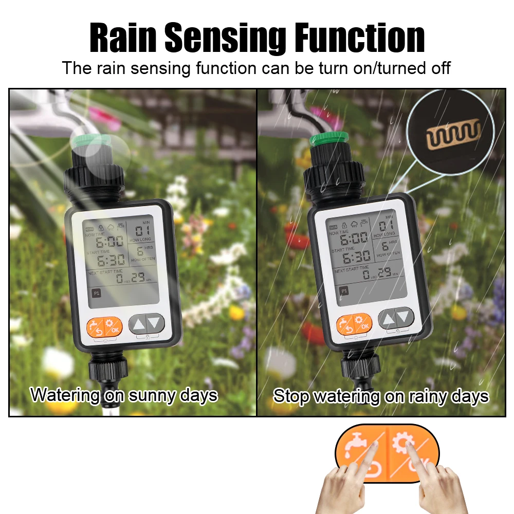 Automatic Manual Mode Irrigation Controller Rain Sensor Garden Watering Timer Multiple Program Large Screen Battery Operated