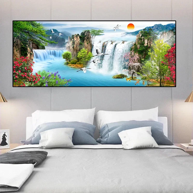 Sunburst Diamond Cross Stitch Living Room Bedroom Home Deceor Landscape Waterfall Painting DIY 5d Full Diamond Painting Kits