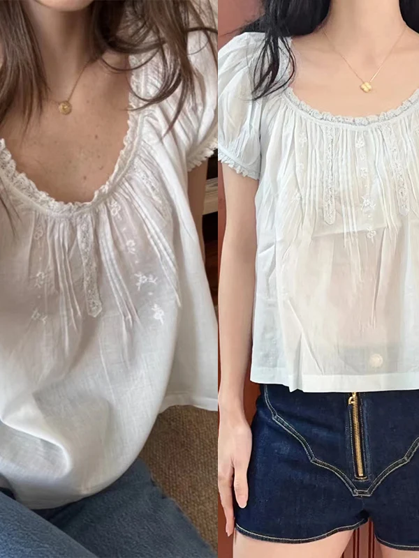 

Elegant Pure Color Lace Trim Embroidered Flower Car Pleated Sleeveless Top French Style Straight Cut Short Sleeve round Neck
