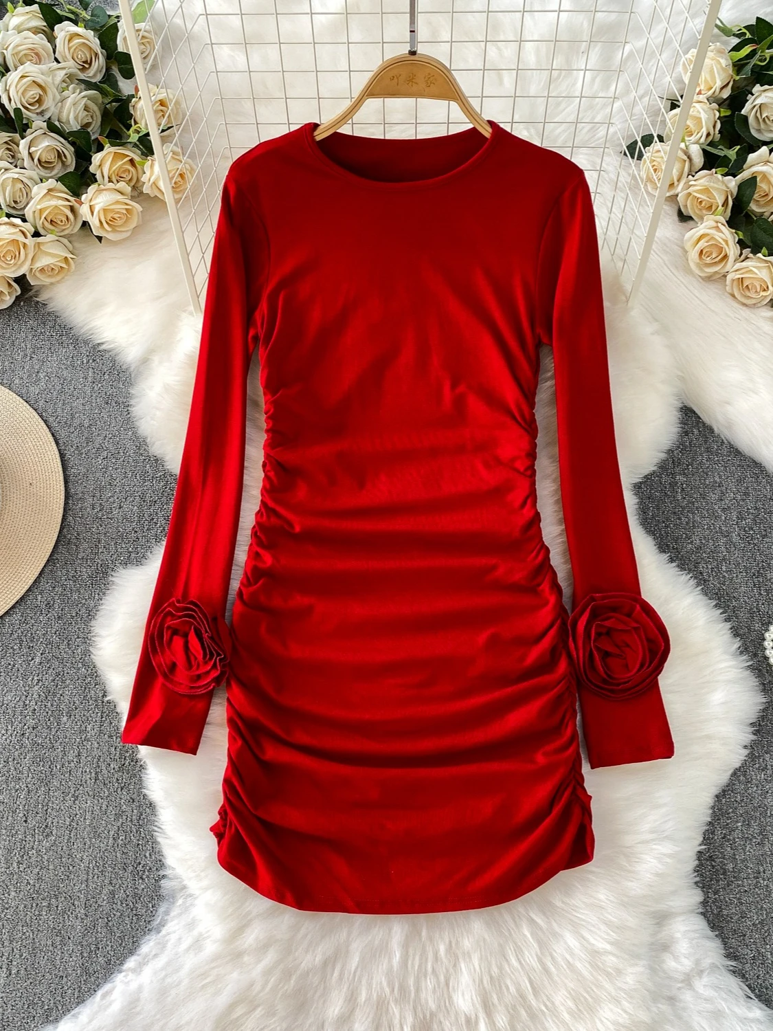 Foamlina Casual Women Long Sleeve Ruched Mini Dress Autumn Fashion Solid 3D Flowers Long Sleeve O Neck Slim Short Bodycon Dress