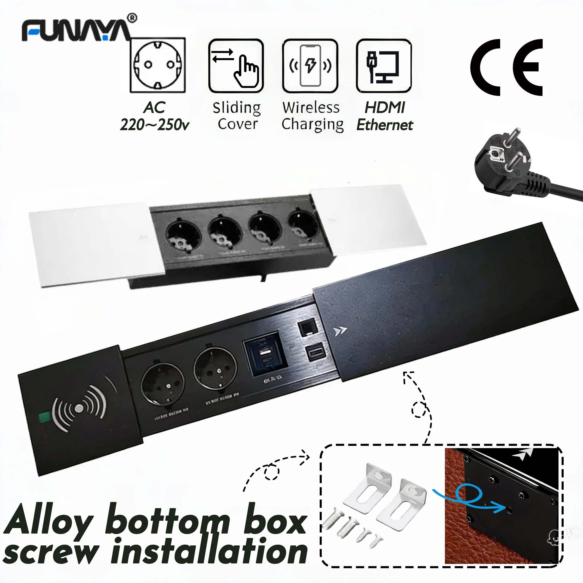 

FUNAYA EU KR Hidden Desktop Sliding Socket with USB Type-c Wireless Charging HDMI Ethernet Buitl-in Furniture Countertop Outlets