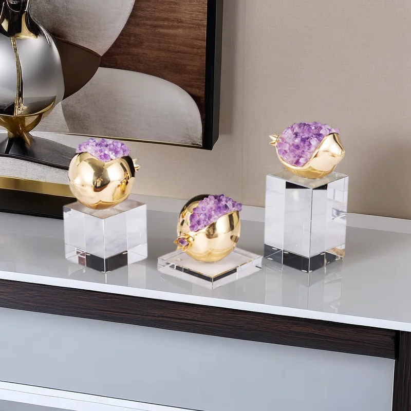 Crystal Pomegranate Ornaments Brass and Amethyst Ornaments Luxury Living Room Desktop Ornaments Home Housewarming Gifts