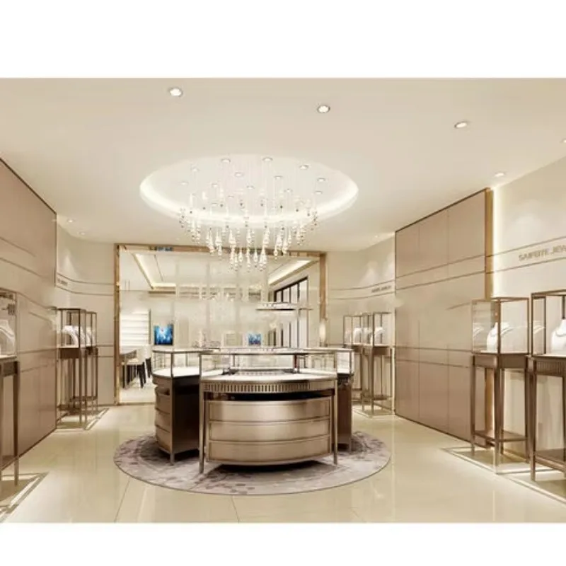 Custom.High Quality Customizable L-Shaped Plywood Counter Display Rack White LED Lighting Showcase Cabinet for Jewelry  for Show