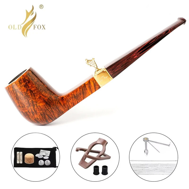 OLDFOX briar tobacco pipe hand-carved pipe Harp Royce pipe metal stand square handle Cumberland pipe mouth