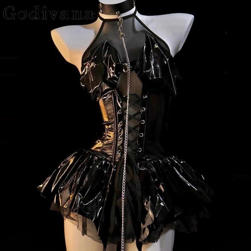 

Sexy Little Devil Anime COS Uniform Dress Set Women's PU Pure Desire See Through Short Dress Female Hallowmas Dress Suits