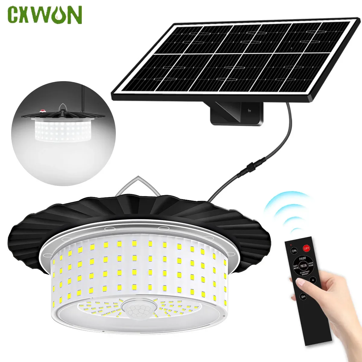 

Solar Shed Lights with Motion Sensor Indoor Outdoor Waterproof 244 LED Solar Pendant Light 5 Modes Lighting 5M Cord Spotlights