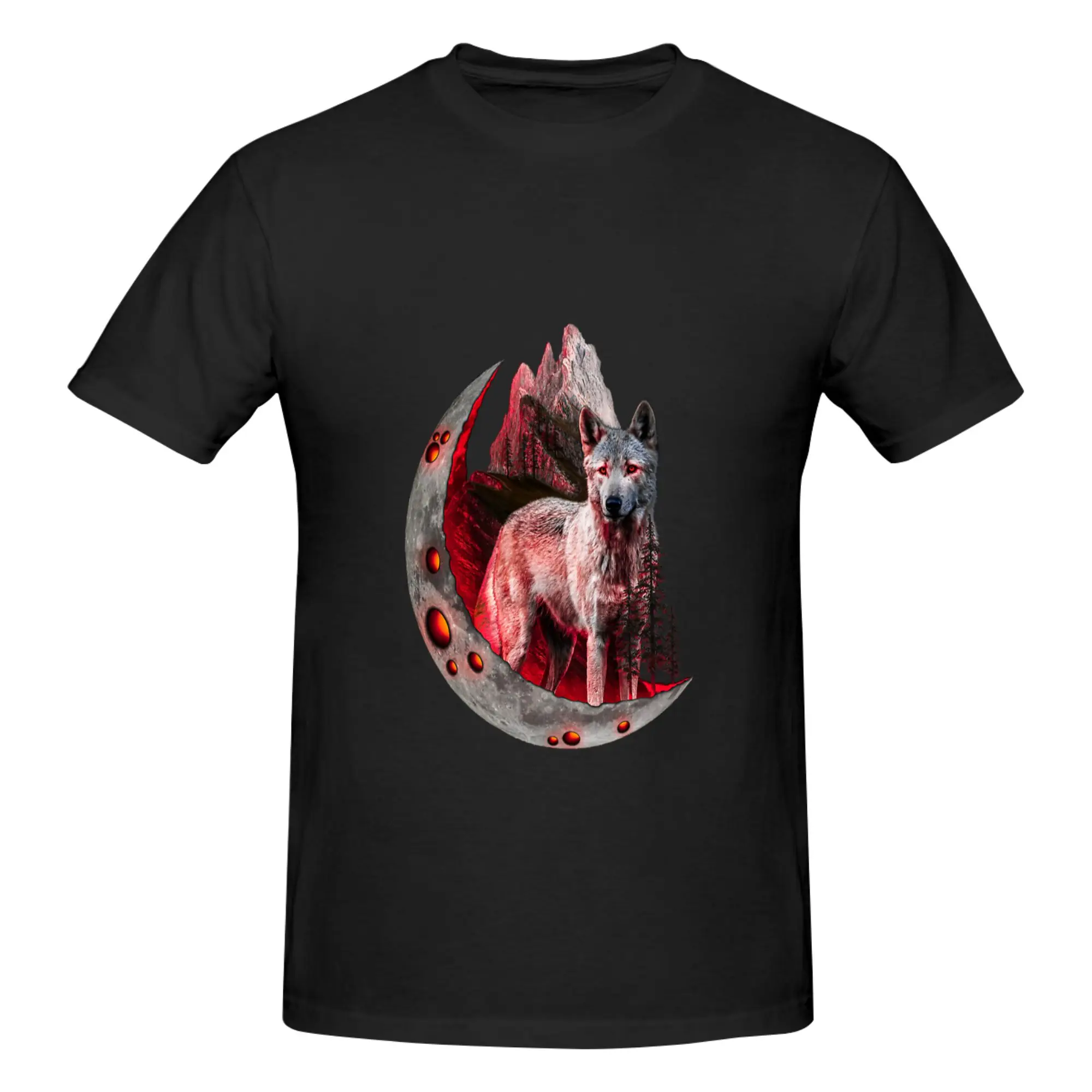 Funny Wolf within the moon - RED  Men's Printed T-Shirt Unisex T shirtHarajuku