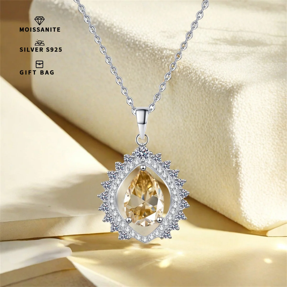 

S925 sterling silver inlaid pear champagne GRA Moissanite sunflower pendant,elegant fashion men's & women's collarbone chain