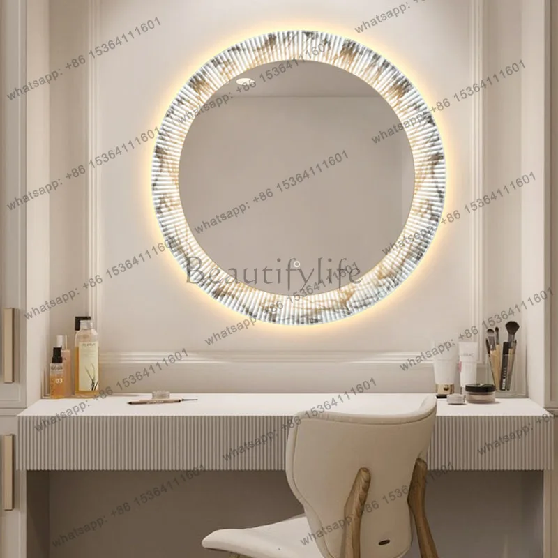 LJY Smart Round LED Bathroom Mirror with Marble Pattern Wall Mounted Backlit Vanity Mirror with Touch Control for Bathroom Decor