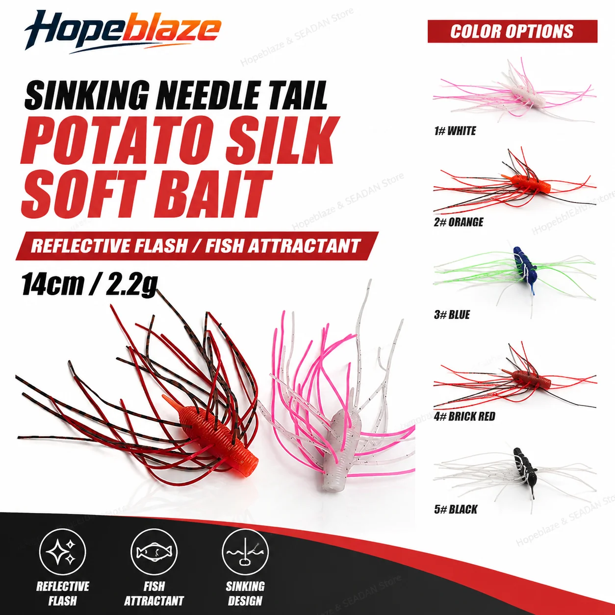 Hopeblaze Slow Sink Needle Tail Soft Lure PVC-Köder Silikonrock Reflektierende Flocken Hecht Barsch Forelle Süßwasser-Angelzubehör
