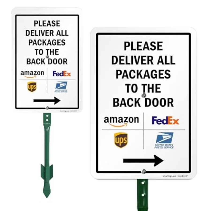 

Табличка для двора с надписью "Пожалуйста, доставьте все посылки на заднюю дверь" с правой стрелкой, 10 x 7 дюймов, из ламинированного алюминия 40 мил, устойчивого к ржавчине, 21,5 дюйма.