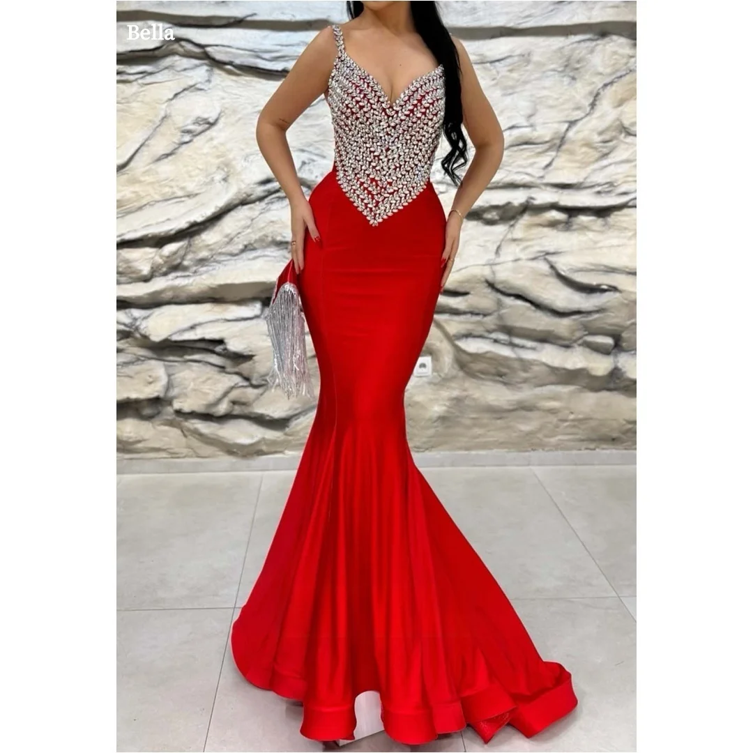 

Bella Customized Red Glitter Spaghetti Strap Mermaid robes de soirée Sleeveless Party Dresses Satin Floor-Length Prom Dress 2025