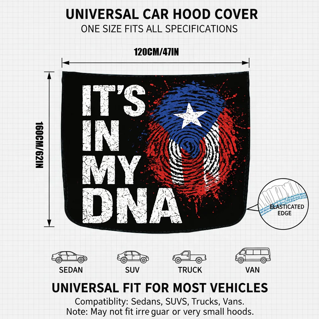 It'S In My DNA Puerto Rico Style Car Hood Covers for Cars, Durable & Easy to Install Car Auto Accessory, Unique Gift Idea