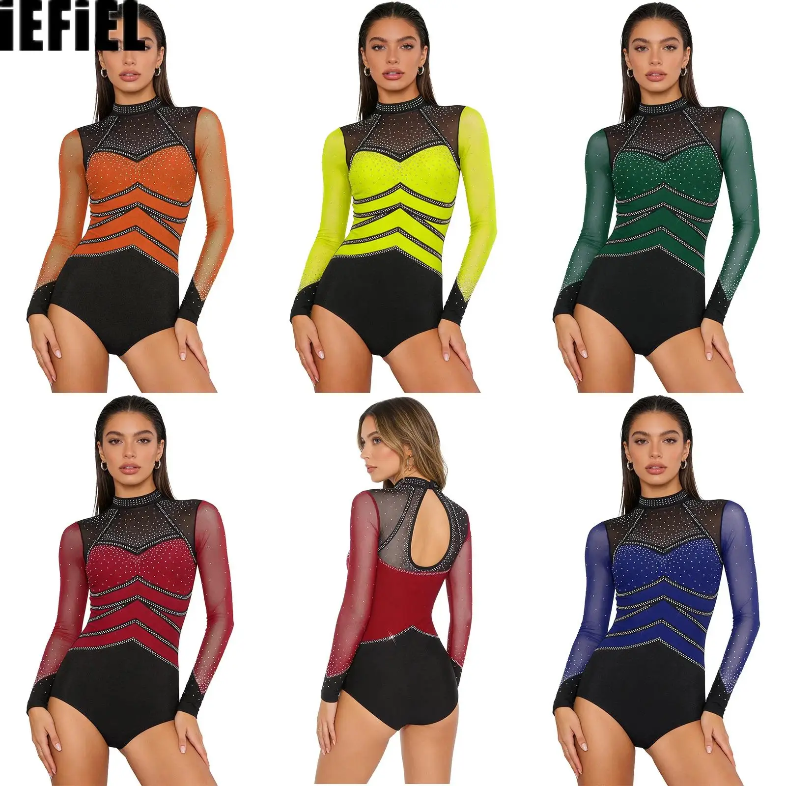 

Womens Mesh Dance Bodysuit Long Sleeve Back Cutout Buttoned Crotch Color Blocking Rompers for Skating Dancing