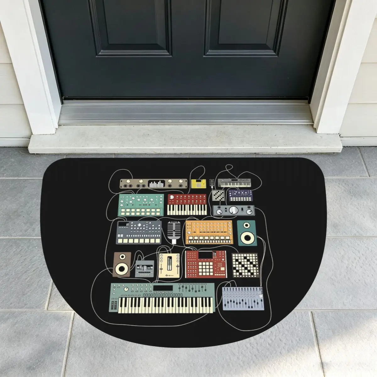 Electronic Musician Synthesizer And Drum Machine Dj Soft Flannel Half Round Doormat Non Slip Bathroom Mat Absorbent Floor Carpet