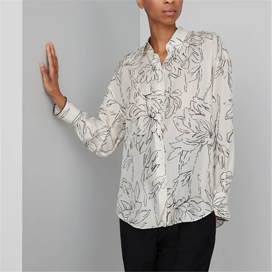 B*C Silk Ginkgo Print Pongée Shirt With Shiny Cuff Details 100% Silk Top Women's Clothing 2024 New Luxury Shirts For Women