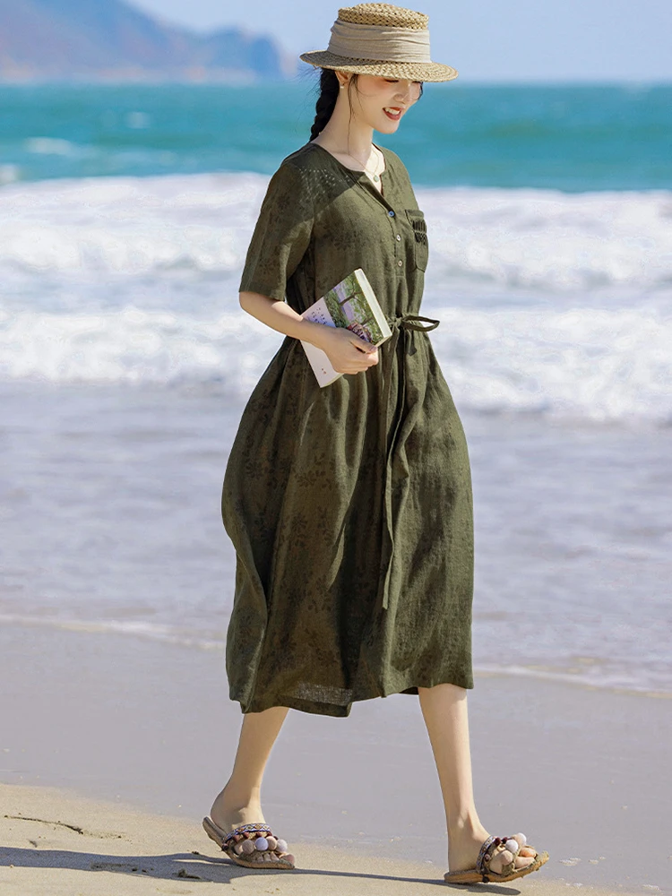 

100% Linen Women Casual Dress New Arrival 2026 Summer Vintage V-neck Print Loose Comfortable Female A-line Long Dresses M2616