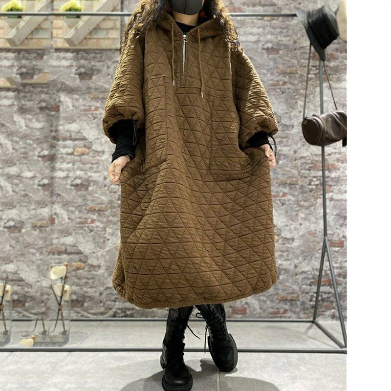 Oversized Women\'s Clothing Autumn And Winter Jacket Cotton Jacket Hooded Sweatershirt Winter Plush And Thickened Ladies Dress