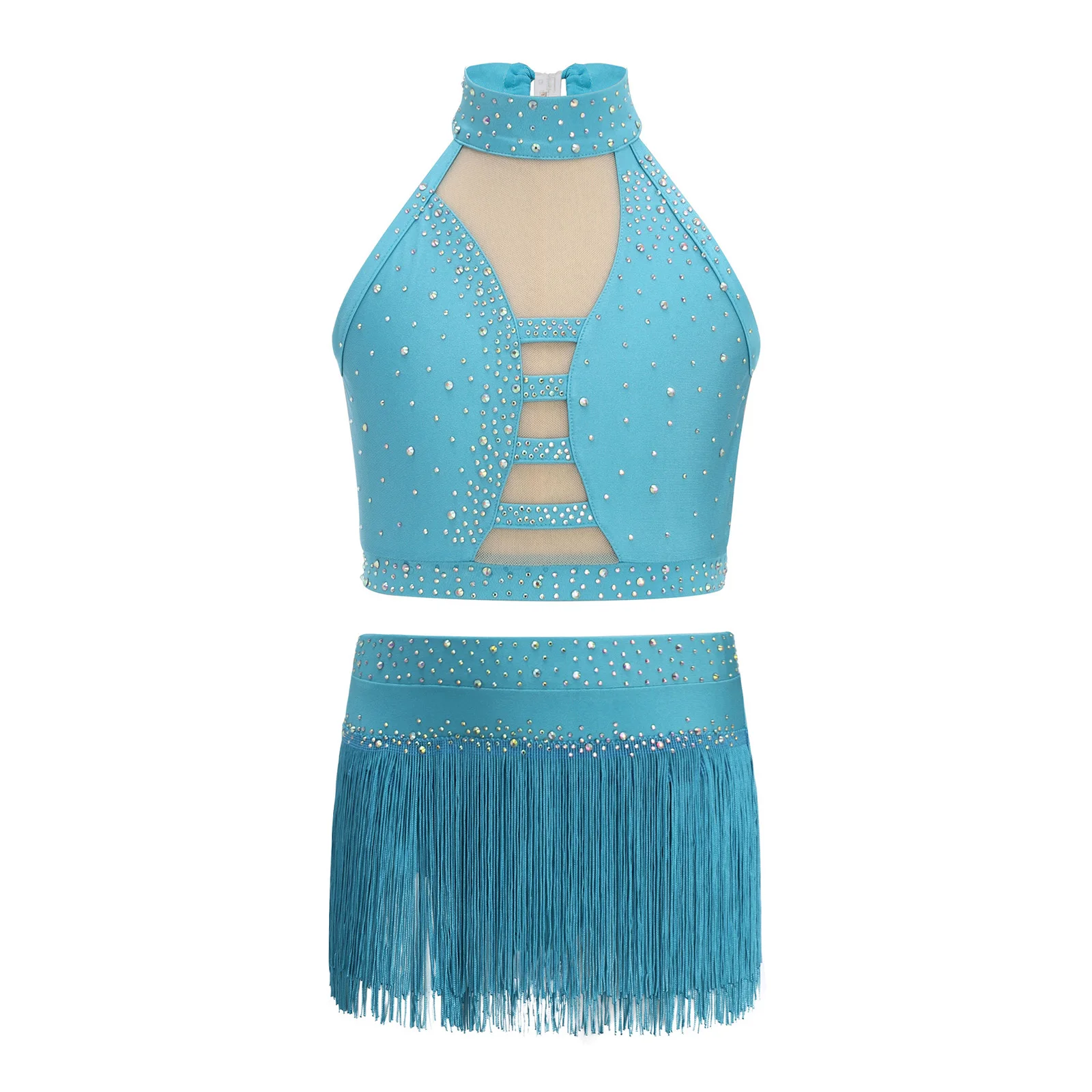 Jazz-Tanzoutfits für Mädchen, Performance-Kostüm, glitzerndes Strass-Crop-Top mit Quasten-Slip-Rock für rhythmische Gymnastik