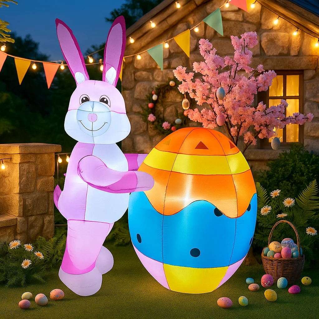 1.8メートル/6フィートのハッピーイースターインフレータブルおもちゃ、ピンクのウサギと大きな卵の装飾、LEDライト付きオーナメント、インフレータブルイースターデコレーション
