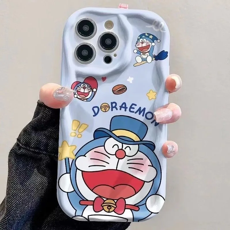 Lovely Doraemon Wave Case for iPhone 15 14 Pro Max 13 12 Mini 11 XS X XR 8 7 6 6S Plus SE 2022 2020 Silicone Protect Cover Funda