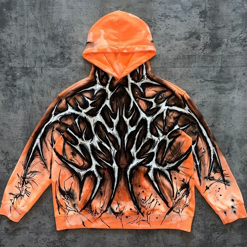 Gothic devil geometric pattern print orange oversized hoodies for men 2000s high street hip-hop y2k casual all-match sweatshirts