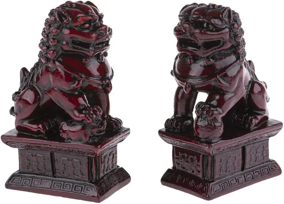 Red Chinese Lions - 2 Fu Dogs Figurines Chinese Asian Decoration - Feng Shui Decoration for Home Chinese Asian Gift Idea