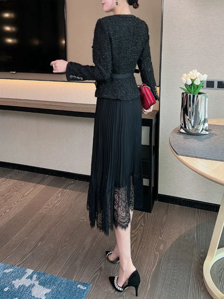 DEAT Elegant Dress O-neck Single Button Belt Waist Pleated Fake Two Women\'s Evening Party Dresses 2024 Autumn New Tide 35Z1241