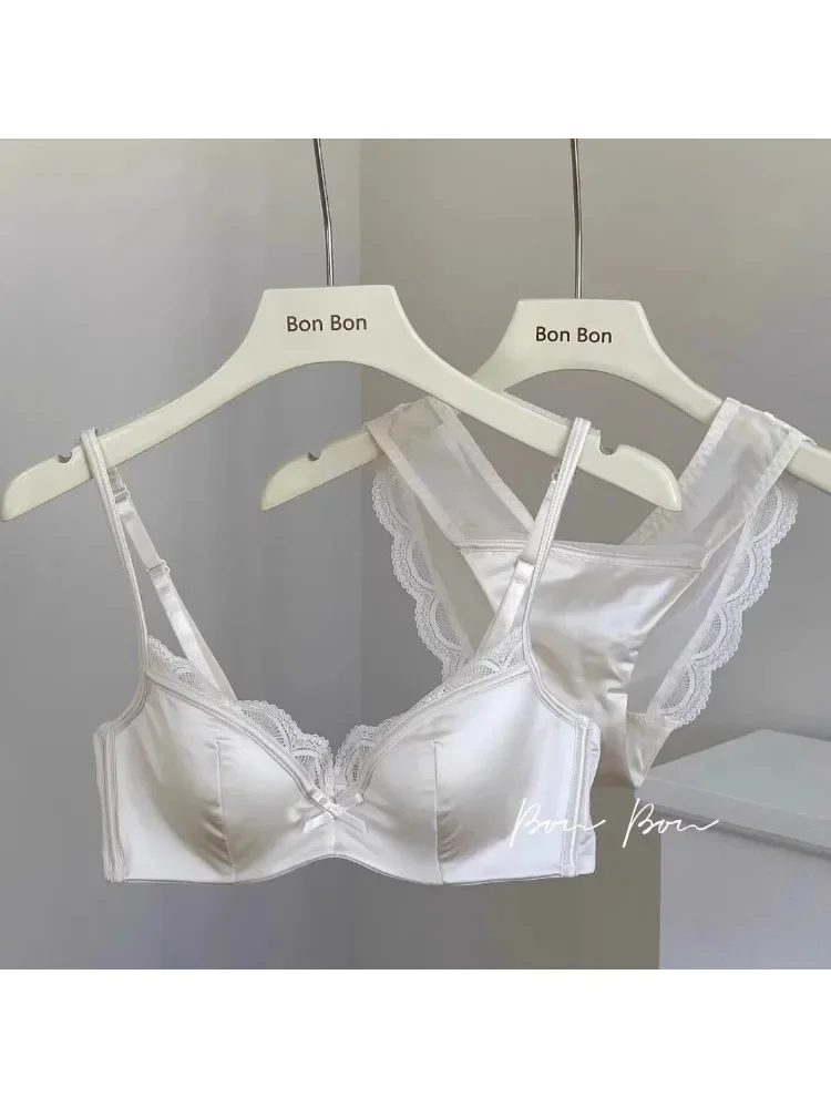 YUQI soutien-gorge en soie de luxe français pour femmes à petit buste, ensemble Bralette et culotte amincissants réglables, ensemble de Lingerie transparente confortable et Sexy