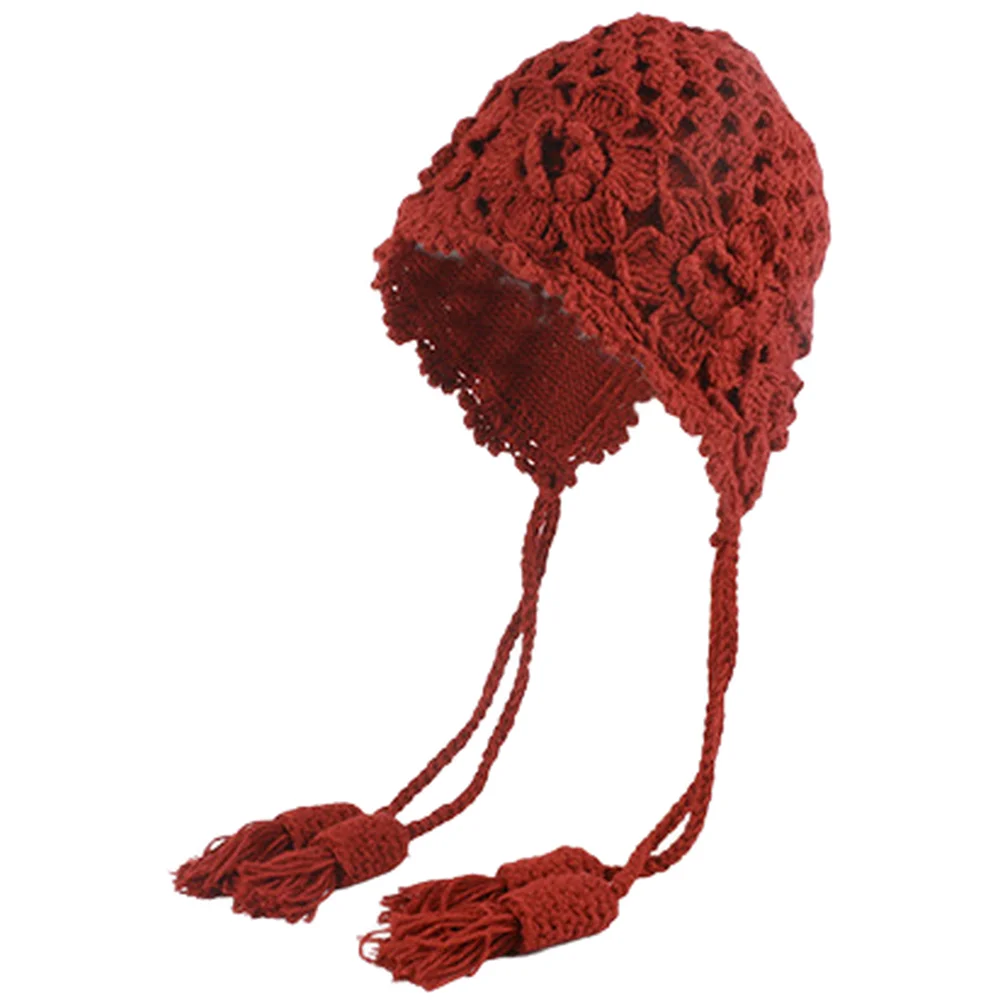 Crochet Knit Winter Hat for Women Double Layer Construction Featuring Ear Flaps and Tassel Decoration Elements